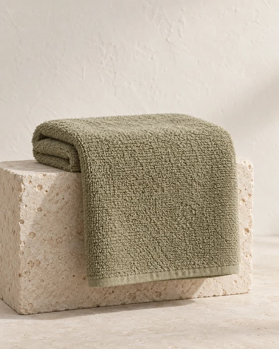 the gym towel in olive, showing its texture and finish