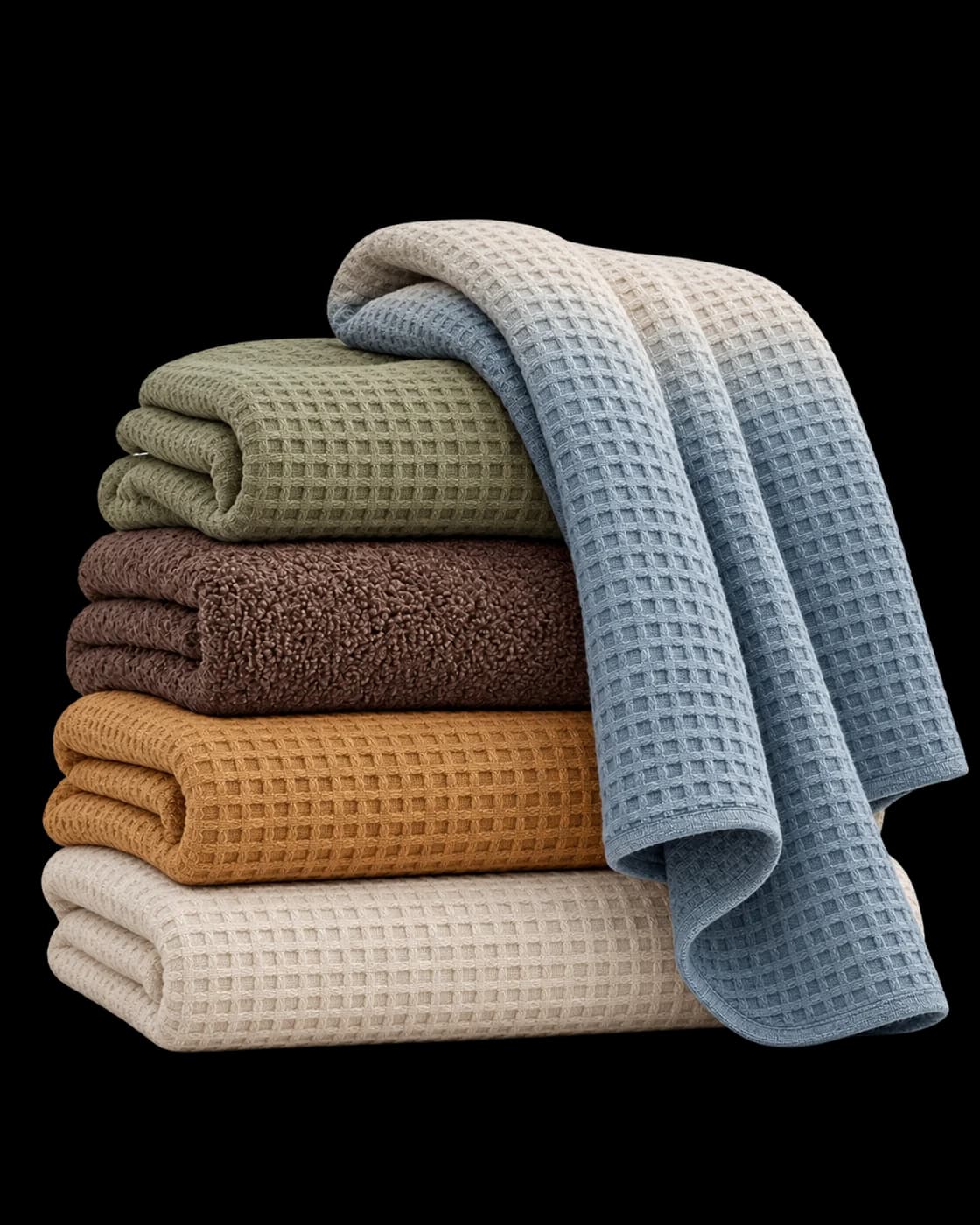 Olive, cocoa, ochre and ivory towels stacked beneath a dusty-blue ombré towel