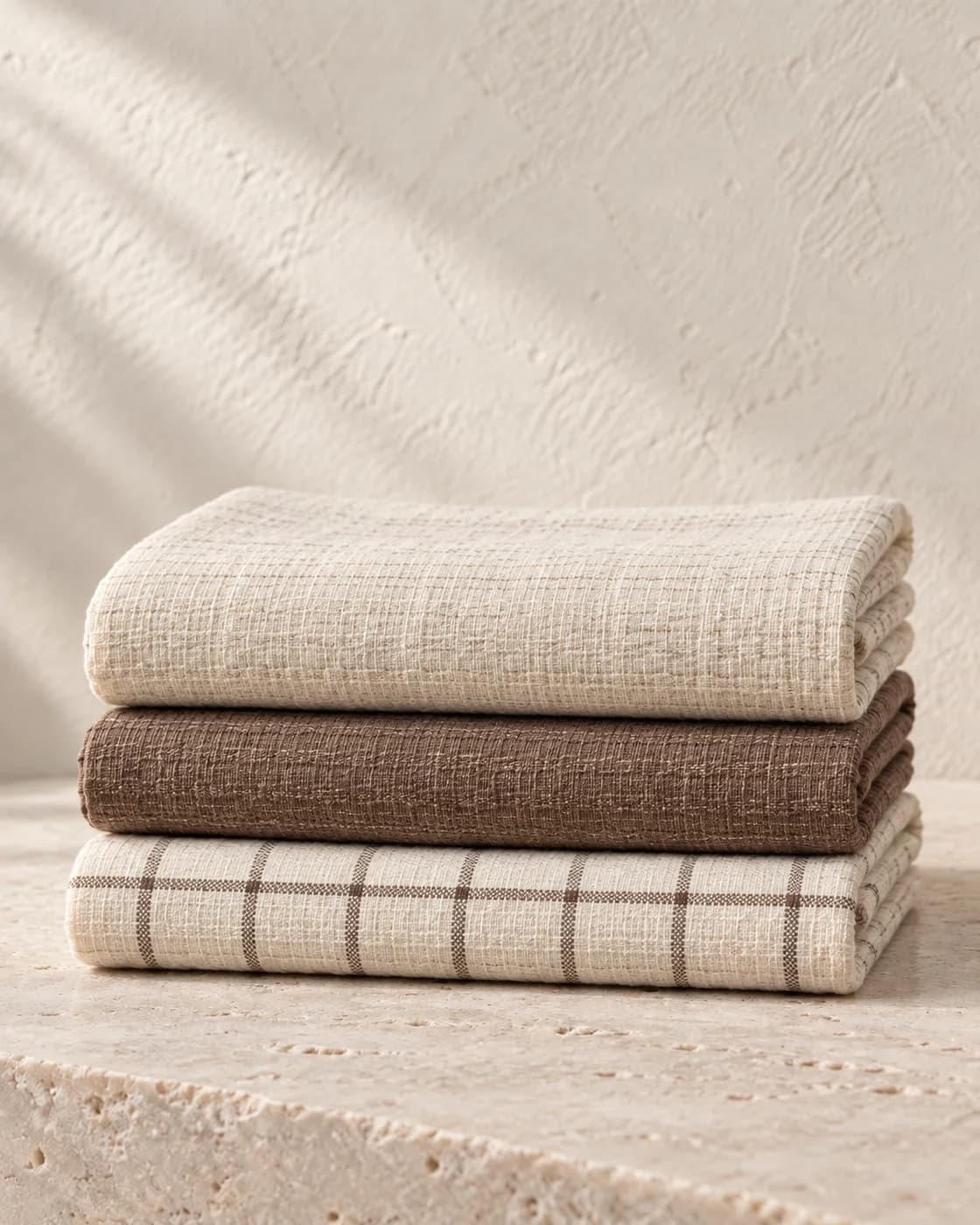 the tea towel trio in ivory, showing its texture and finish