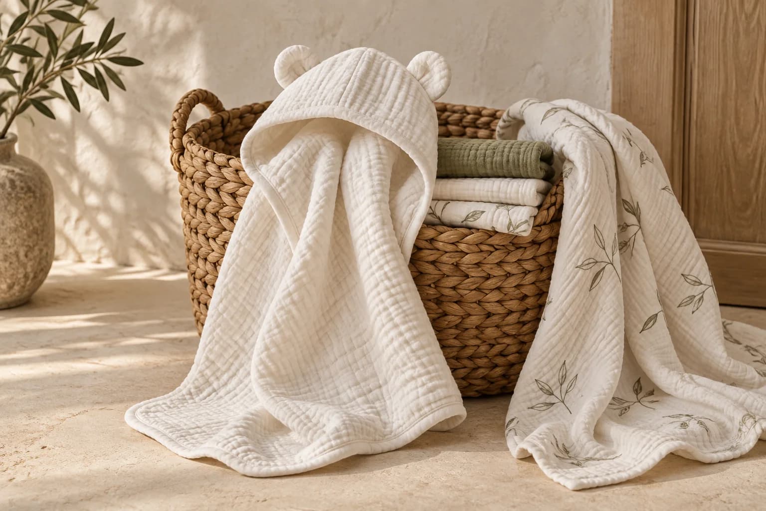 Soft cotton muslin cloths, botanical wraps and hooded towels in ivory and olive