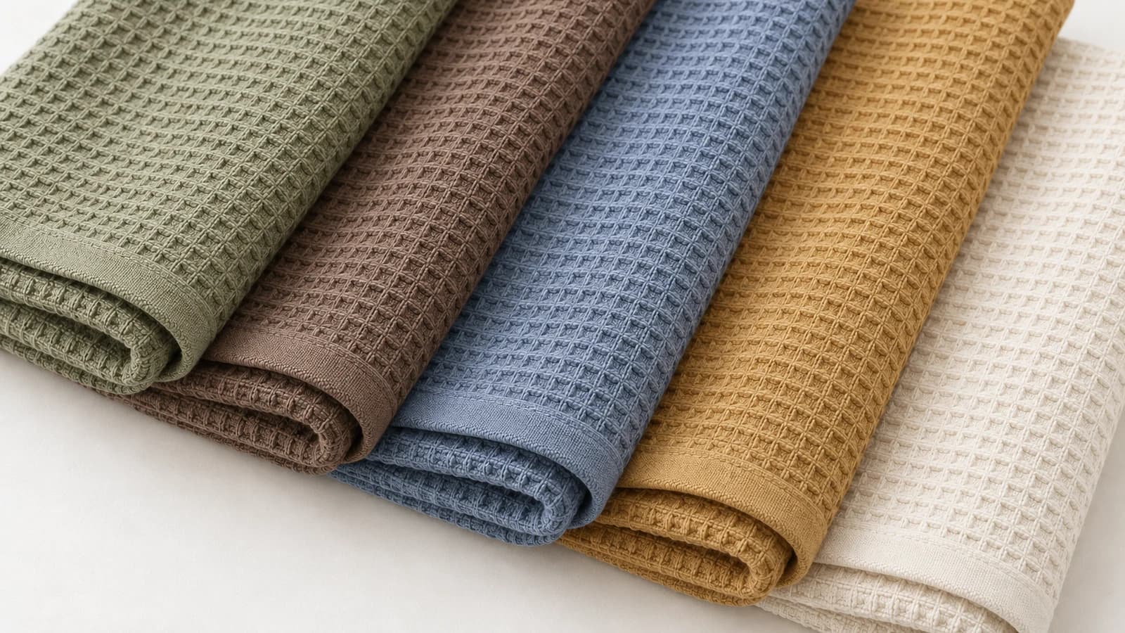 Olive, cocoa, dusty-blue, ochre and ivory cotton waffle towels, softly folded side by side